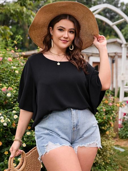 

plus butterfly sleeve blouse m3v1#, Black