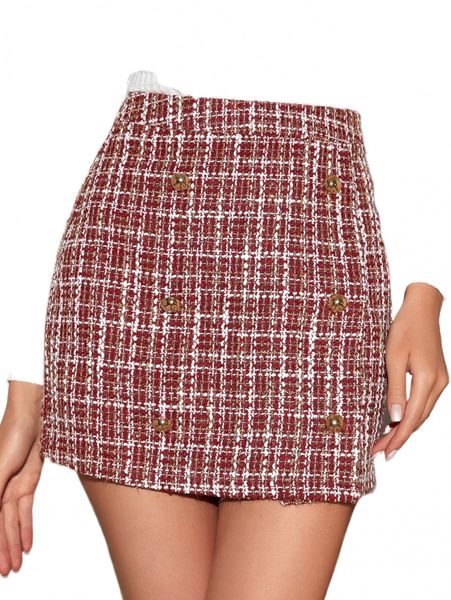 

high waist plaid fake button tweed skirt m88w#, Black