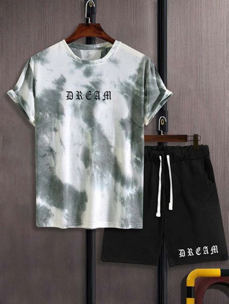 

men tie dye letter graphic tee & drawstring waist shorts f3c8#, Gray