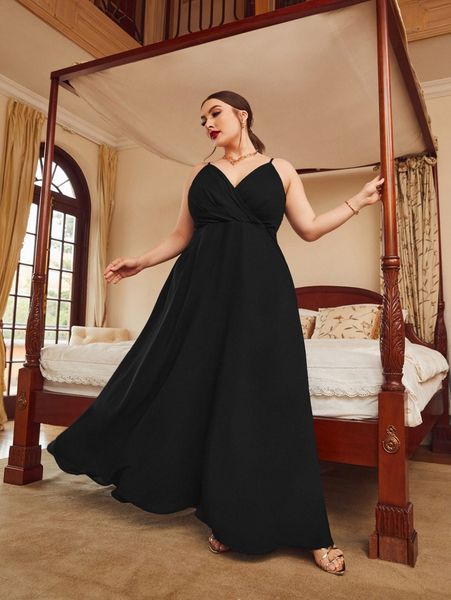 

plus surplice neck solid cami dress f7fx#, Black