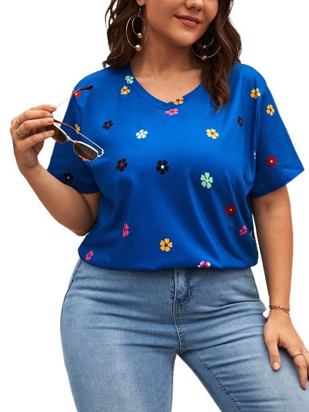 

plus floral print v neck tee v4ek#, Black
