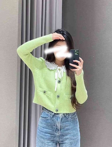 

women's knits & tees 2022 spring fruit green baby collar bright silk sweater light awn thousand layer age reducing short knitted cardig, White