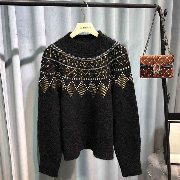 

women's knits & tees special jacquard nail bead round neck pullover sweater alpaca wool blend shining decorative knitted qrx3, White