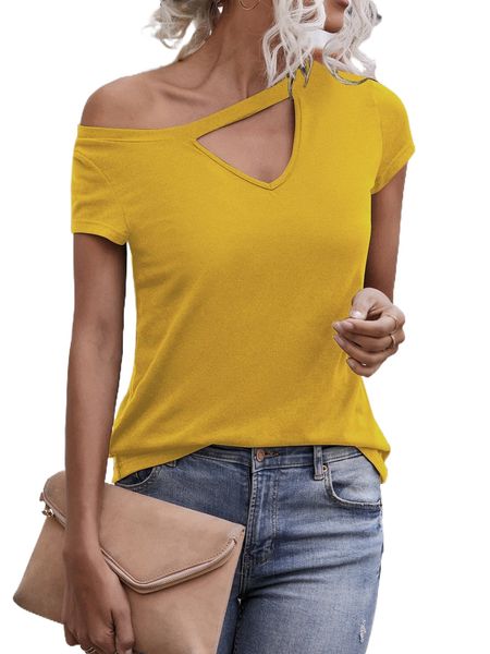 

solid cut out asymmetrical neck tee f6in#, White