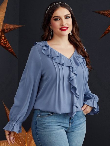 

plus ruffle trim flounce sleeve blouse y74v#, Black