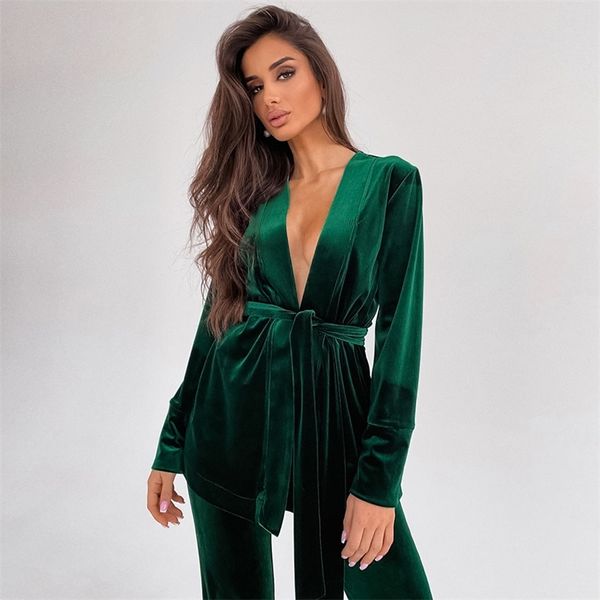 

restve knit velvet women robes with sashes solid 2 piece set long sleeve robe female home suit sets pants autumn casual 220329, Black;red