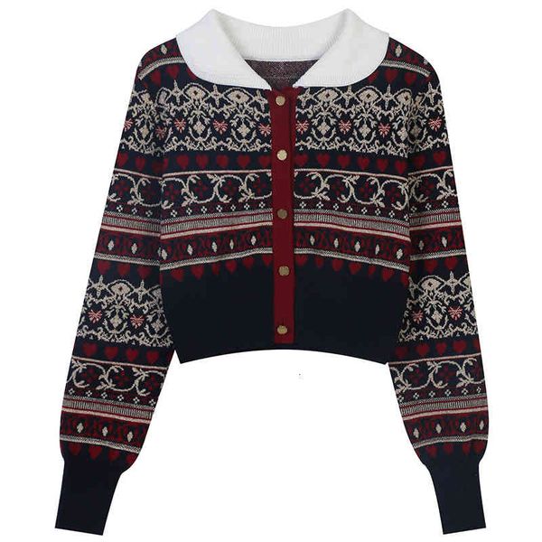 

women's sweaters zhuoya autumn and winter color contrast jacquard age reducing slim fit baby collar short knitted cardigan women's, White;black