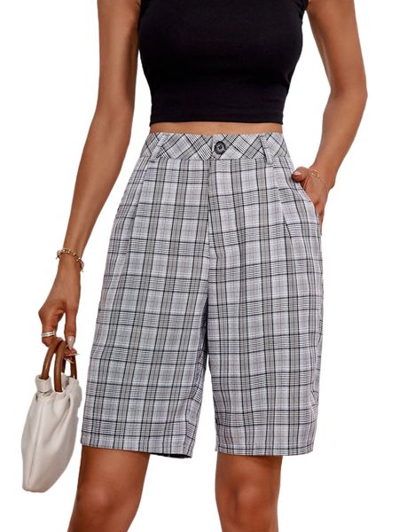 

plaid print slant pocket shorts f7kx#, White;black