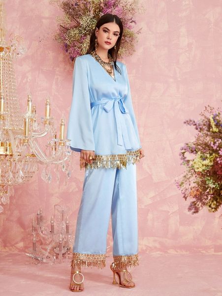 

sequin fringe hem belted coat and pants set without floral chain s4ia#, White