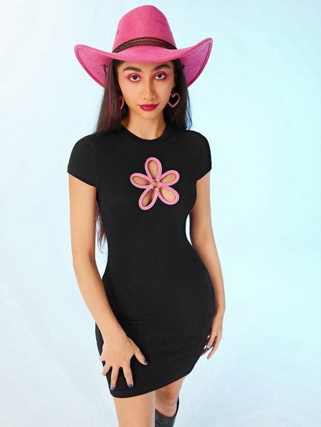 

o-ring floral cut out front dress j55t#, Black;gray