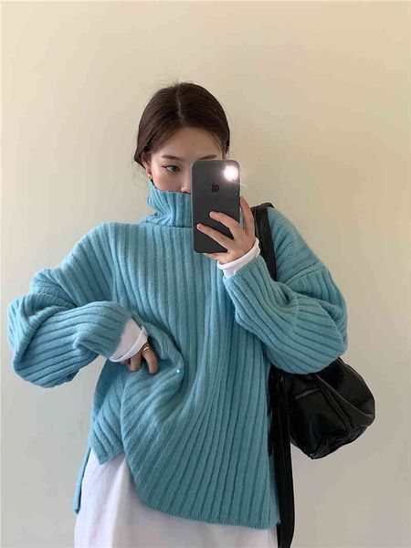 

loose and lazy high neck medium long knitted sweater, White