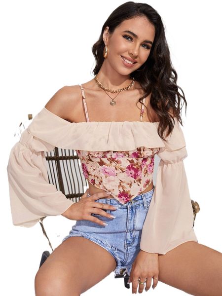 

floral print cold shoulder ruffle trim flounce sleeve v7k4#, White
