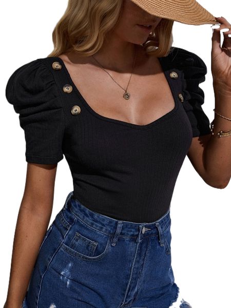 

sweetheart neck puff sleeve fake button tee 27l6#, White