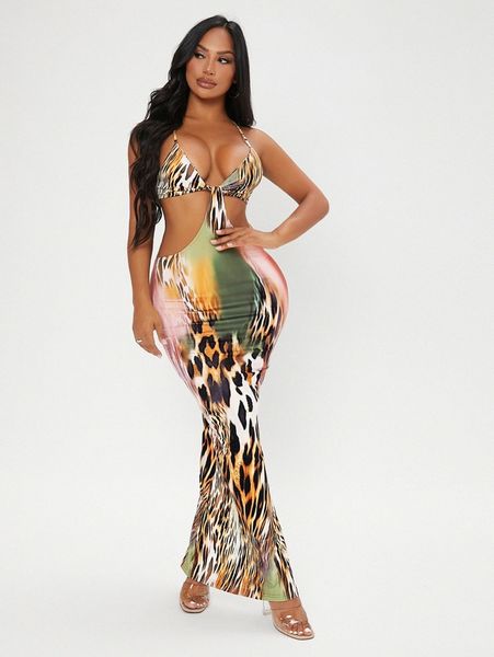 

sxy leopard print cut out split hem dress g8ve#, Black;gray