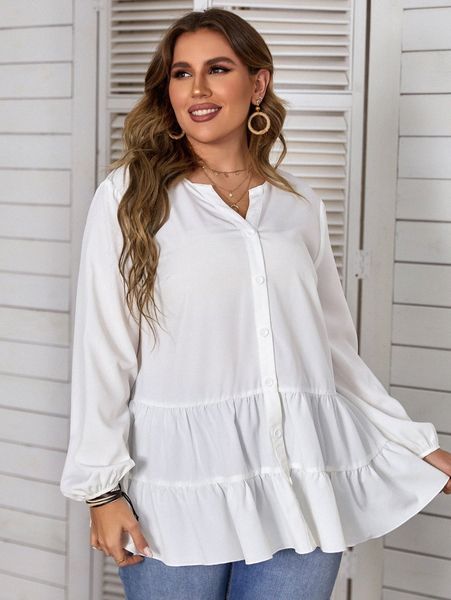 

plus bishop sleeve ruffle hem blouse t6i2#, Black