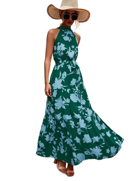 

floral print ruffle hem belted halter dress 50f6#, Black;gray