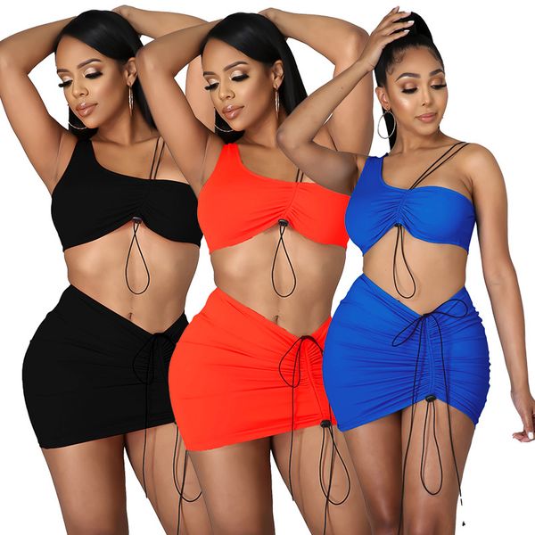 

summer one shoulder shirred tracksuits for women solid color drawstring chest wrap crop and pleated skirts 2 piece skirt sets k9878, Gray
