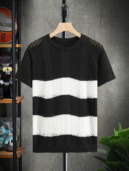 

men color block pointelle knit sweater w3k8#, White;black