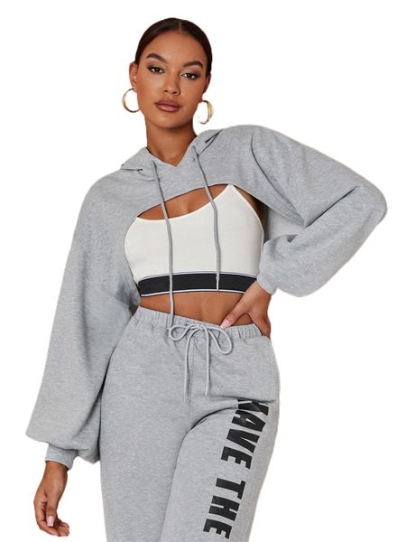 

drop shoulder drawstring super crop hoodie without bra f7sz#, Black