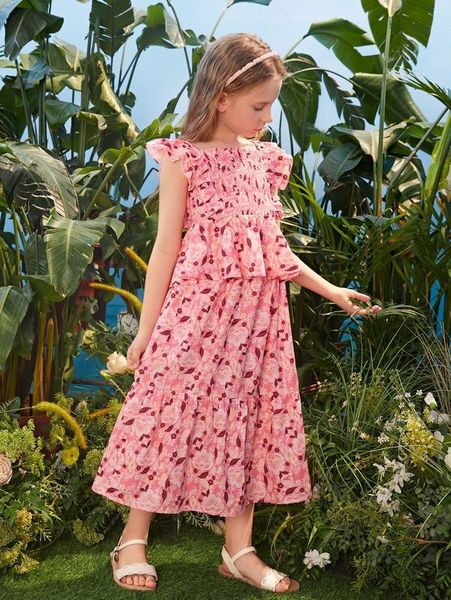 

girls allover floral print shirred & ruffle hem skirt she, White