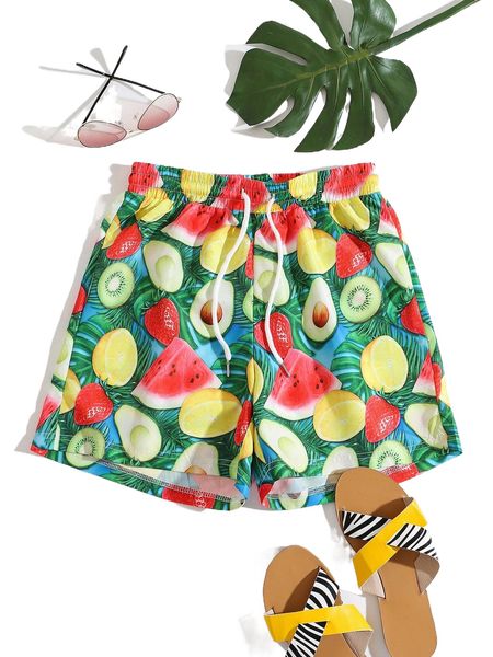 

fruit print drawstring waist shorts l7eq#, White;black