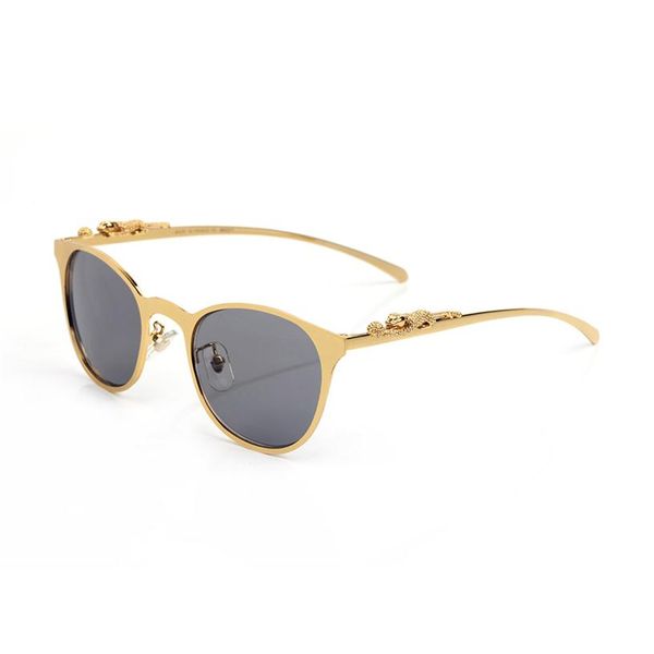 

designer sunglasses women metal leopard head logo golden silver round frame modern fashion retro cat eye luxury glasses brown blac2370, White;black