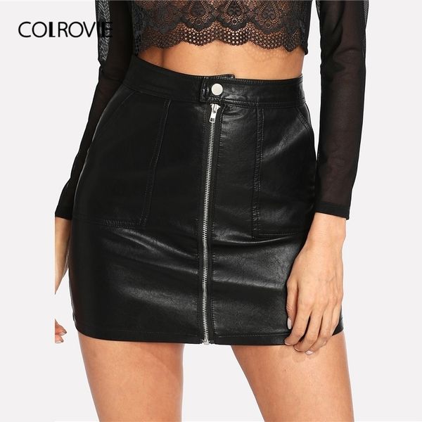 

colrovie spring plain faux leather skirt black mid waist zip front pu skirt women elegant sheath above knee mini skirt y200326