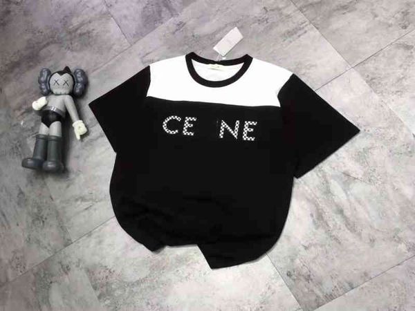 

cel's spring and summer 2022 new round neck straight tube loose color matching checkerboard embroidery versatile cotton t-shirt women, White