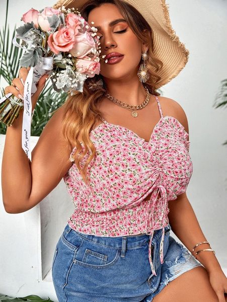 

plus ditsy floral drawstring front frill trim crop cami q38o#, Black