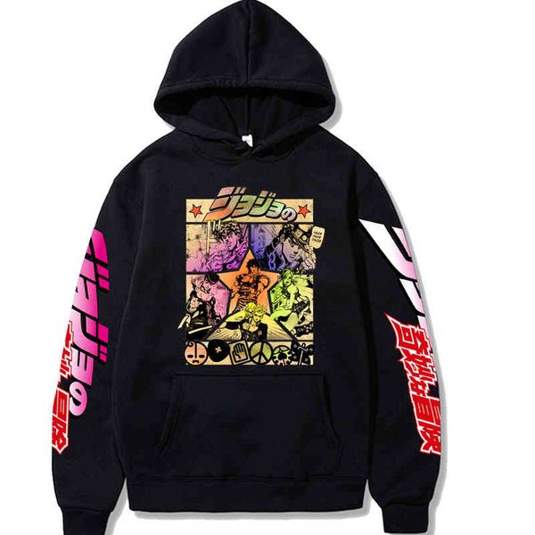 

2021 harajuku jojo's bizarre adventure hoodies japanese anime jojo printed men's hoodie streetwear casual sweatshirts, Black