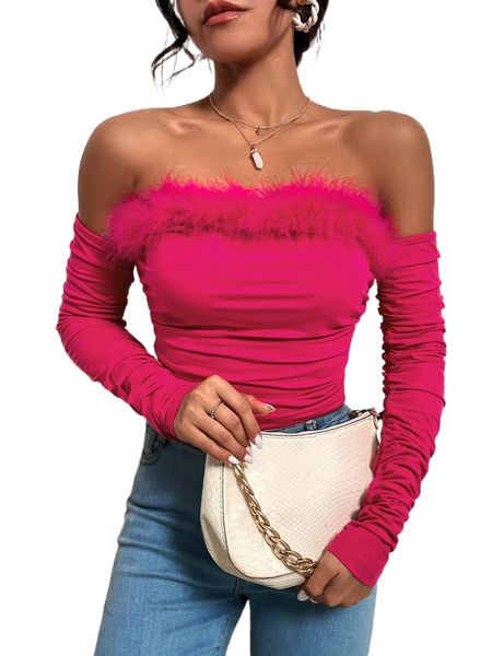 

off shoulder fuzzy trim f3h2#, White
