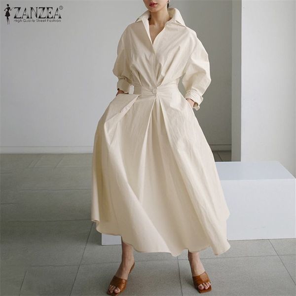 

women autumn sundress zanzea elegant shirt dress solid long sleeve maxi vestidos female casual high waist robe oversize 7 220526, Black;gray