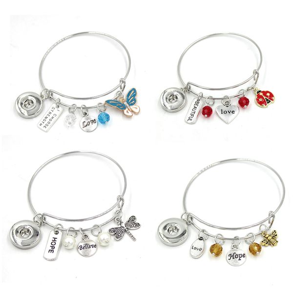 

new arrival wholesale believe dragonfly butterfly ladybug bee bracelet for women gift snap jewelry expandable adjustable wire bangle, Golden;silver