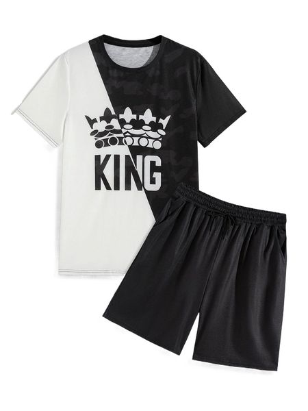 

men letter graphic colorblock tee & shorts 93ct#, Gray