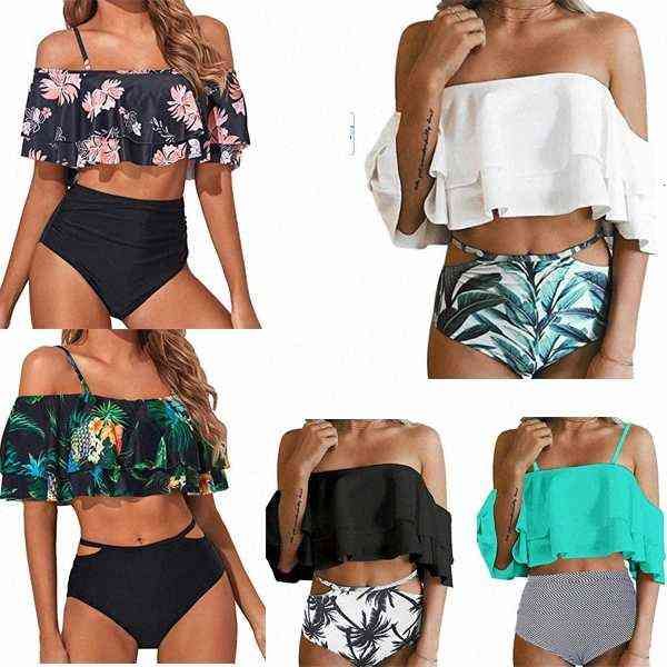 

women two piece swimsuit high waisted bikini off shoulder ruffle bathing suits vacation setsgszl#, White;black