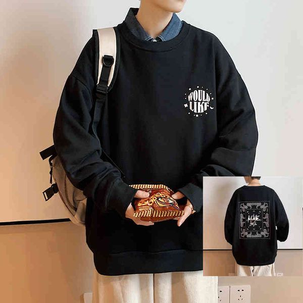

spring and autumn tide brand round neck sweater men's long sleeved student couple pullover loose leisure guochao jacket, Black