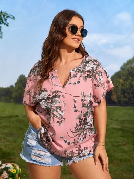 

plus floral notched neck batwing sleeve blouse r4ht#, Black