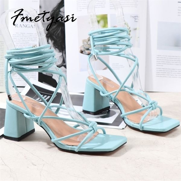 Sommersandalen mit Schnürung, quadratischer Zehenblock, sexy blau-schwarzer Gladiator-Knöchelriemen-Absatz für Damen 220701