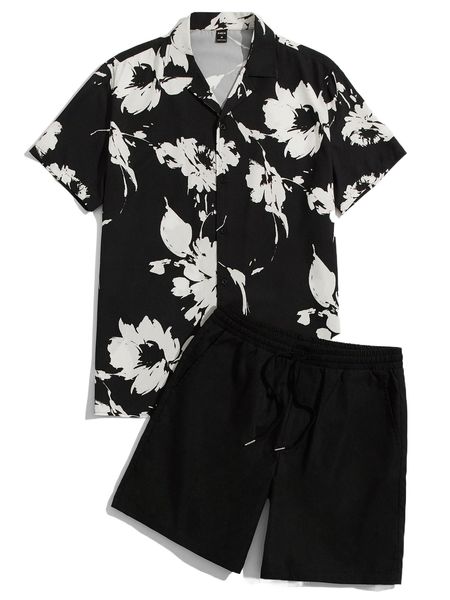 

men floral print & drawstring waist shorts set x9ez#, Gray