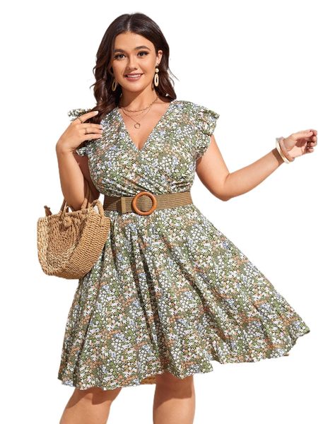 

plus ditsy floral ruffle sleeve dress without belt q9wh#, Black