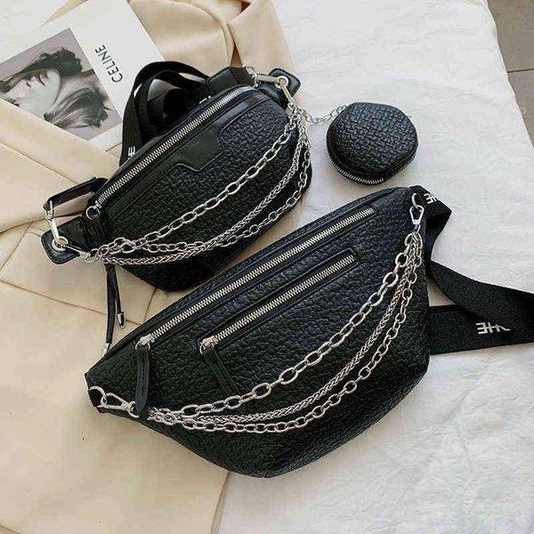 

chain fanny pack women black leather waist bag luxury chest pack fashion lady 2-in-1 shoulder crossbody bag female bags 220615