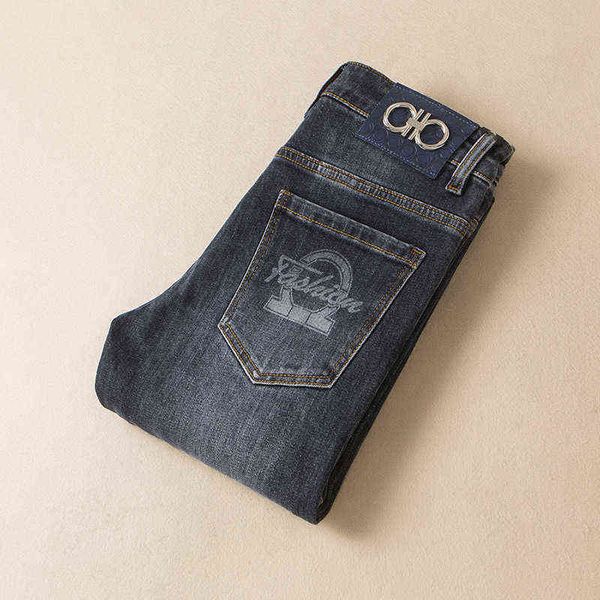 

and autumn winter men's jeans high-end blue ground white slim straight jean trend letter printed leggings