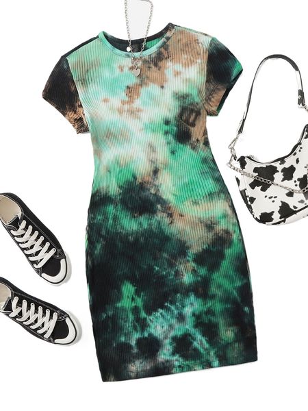 

tie dye rib-knit bodycon dress y013#, Black;gray