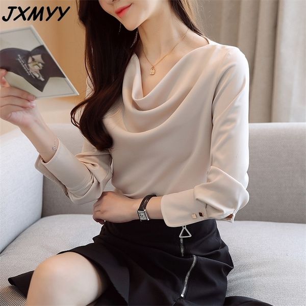 

long-sleeved pullover women spring satin pile stand-up collar chiffon shirt lightly cooked xiaoxiang jxmyy 210412, White