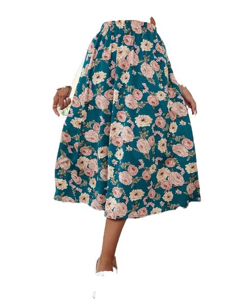 

allover floral print elastic waist skirt 48ac#, Black