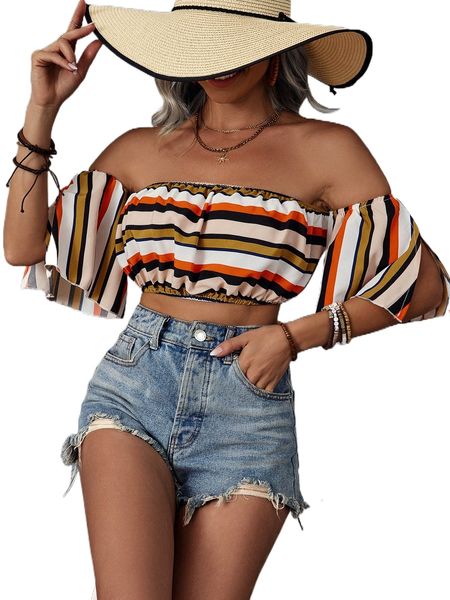 

block striped off shoulder split sleeve crop h15i#, White