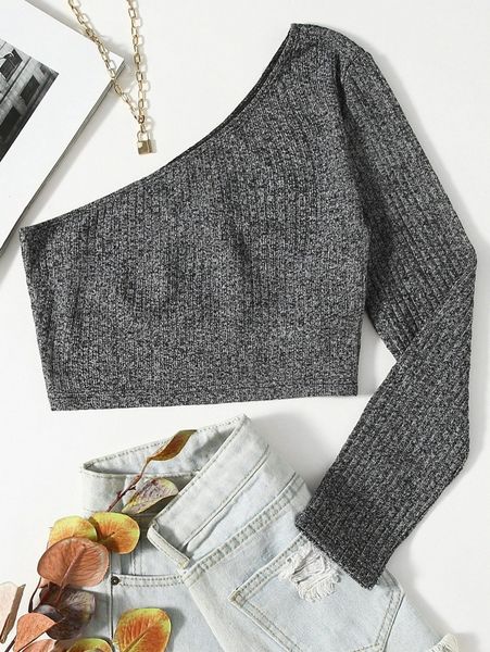 

one shoulder form fitting crop tee s5un#, White
