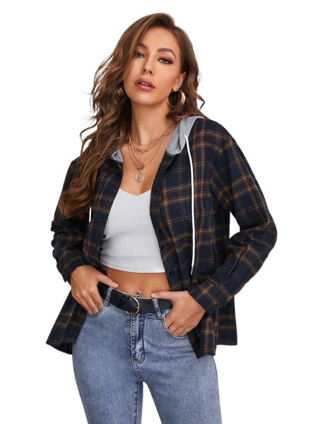 

contrast hooded tartan coat u5y5#, Black