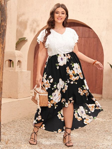 

plus 1pc floral print lace butterfly sleeve high low hem dress f1mz#, Black