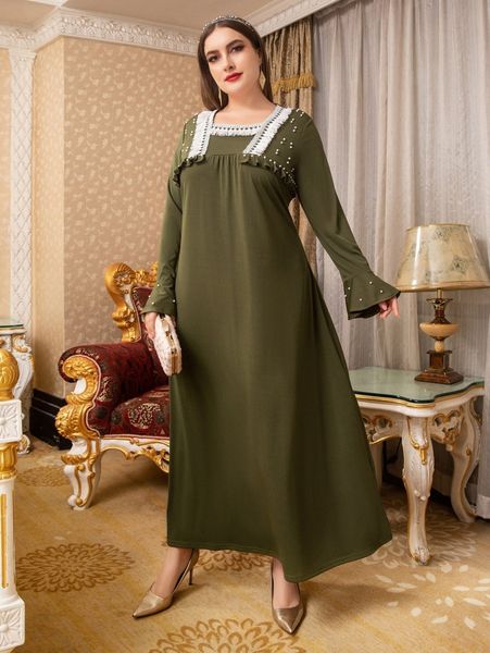 

plus pearls beaded tassel trim flounce sleeve maxi dress 02ng#, Black